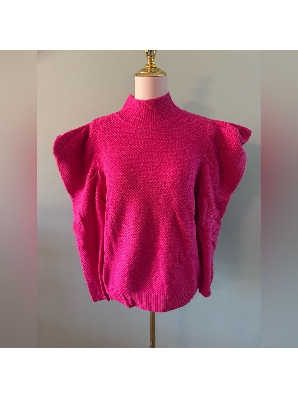 Fuchsia Pink Turtleneck Sweater with Puffed Shoulders, Large